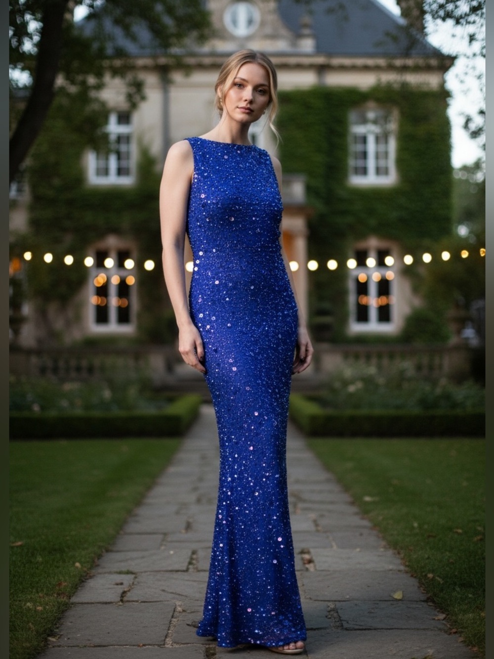 Vintage Stenay Royal Blue Beaded Silk Gown - Size 8
